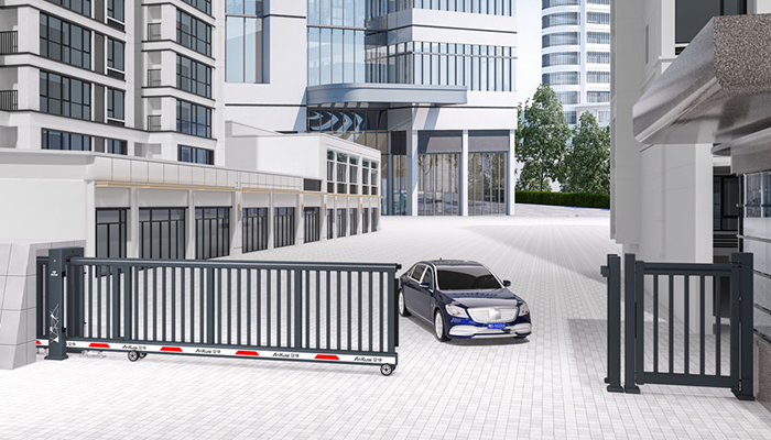 某辦公大廈采用 “安快” 柵欄款平移工業(yè)門效果圖